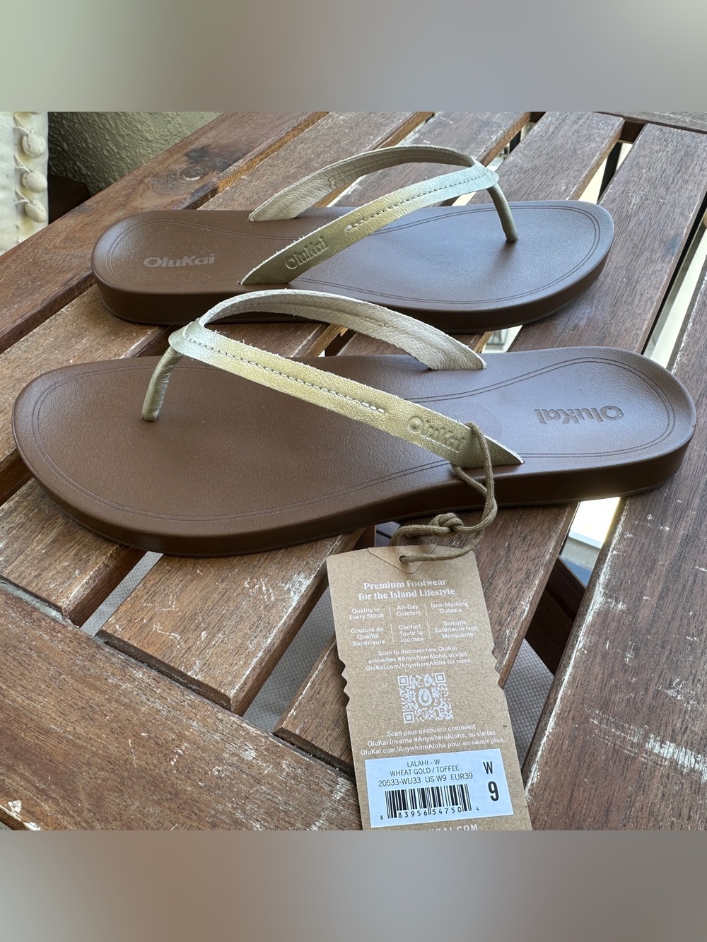NWT OluKai Lalahi Women's Leather Thong Sandals - Wheat Gold/Toffee - 9 - Picture 2 of 6